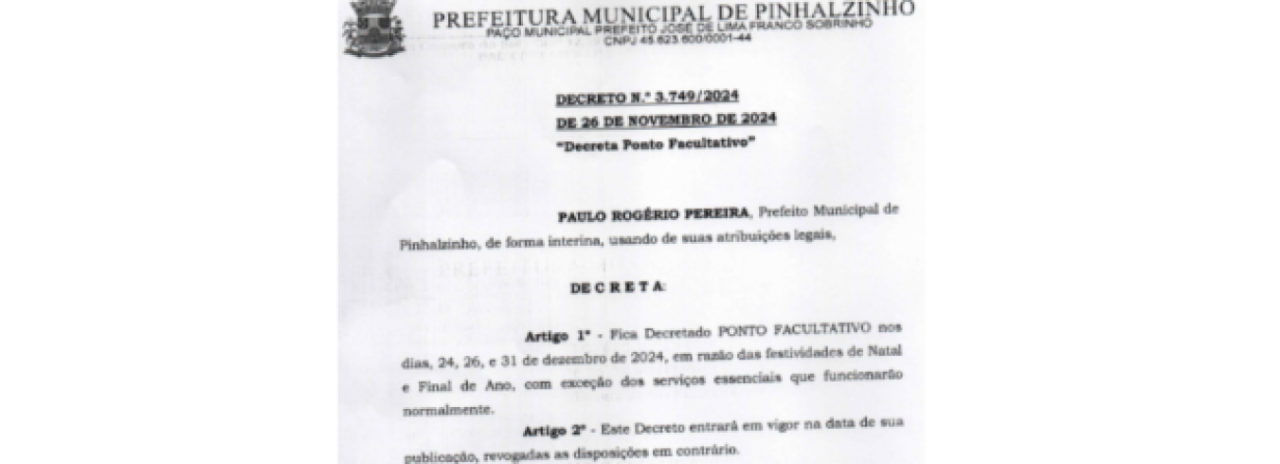 Prefeitura de Pinhalzinho decreta ponto facultativo para as festividades de fim de ano